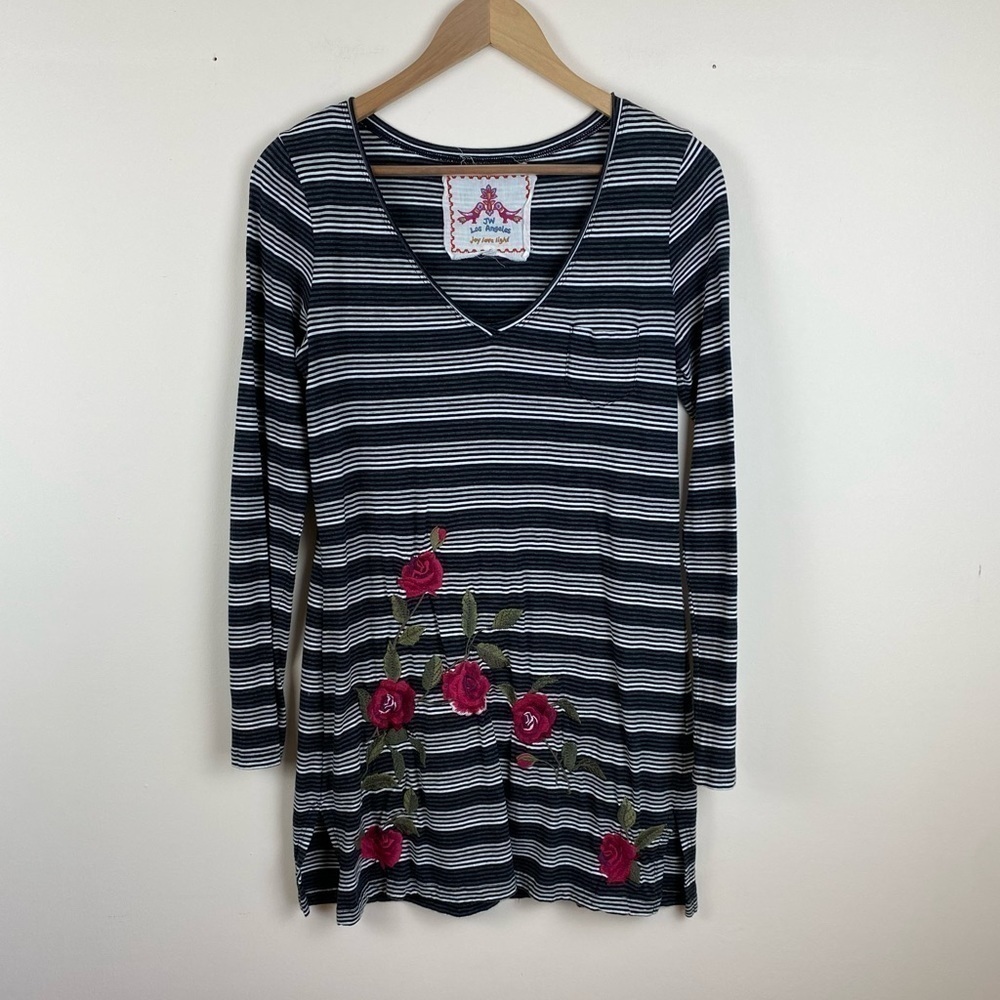 Johnny Was JWLA Striped Enbroidered V-Neck Tunic Dress